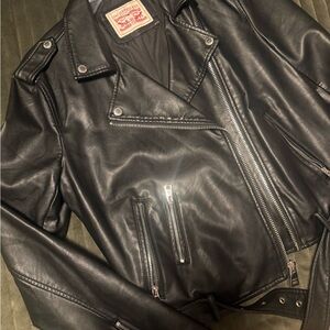 Levi's Black Leather Style Moto Jacket with Silver Accents